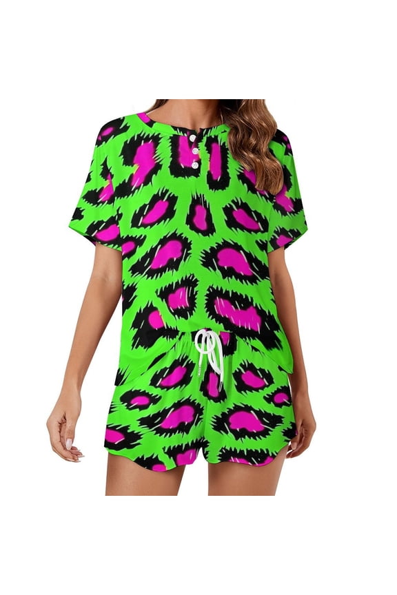 Leopard Print Pattern Women's Ruffle Short Sleeve Tops And Shorts Cute Peeps Bunny Pajamas Sets