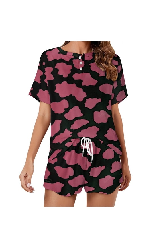 Leopard Print Pattern Women's Ruffle Short Sleeve Tops And Shorts Cute Peeps Bunny Pajamas Sets