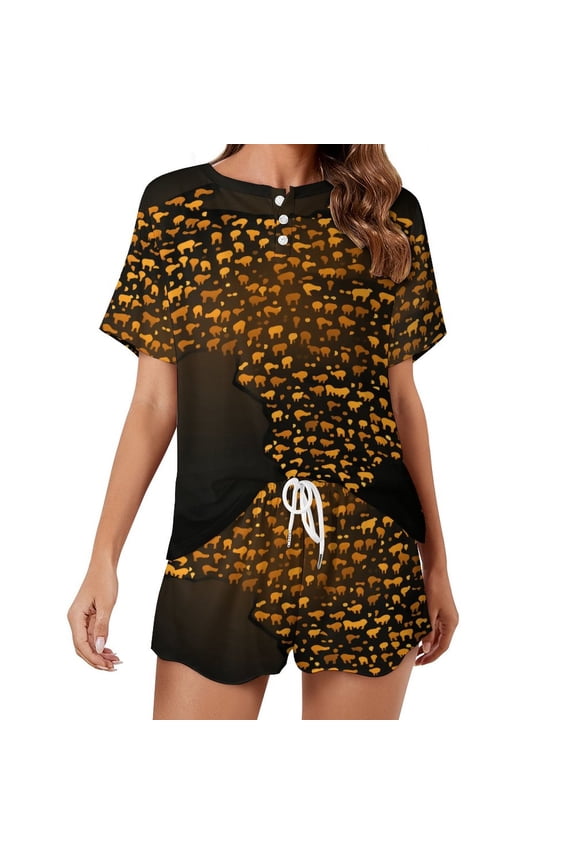 Leopard Print Pattern Women's Ruffle Short Sleeve Tops And Shorts Cute Peeps Bunny Pajamas Sets