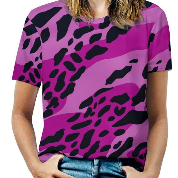 Leopard Print Pattern Women's Short Sleeve T-Shirt Crew Neck Casual Summer Trendy Loose Fit Tops