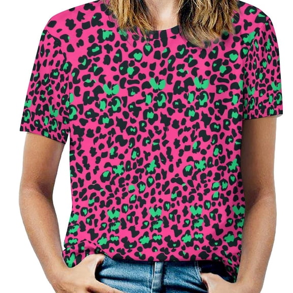 Leopard Print Pattern Women's Short Sleeve T-Shirt Crew Neck Casual Summer Trendy Loose Fit Tops
