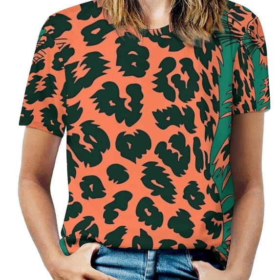 Leopard Print Pattern Women's Short Sleeve T-Shirt Crew Neck Casual Summer Trendy Loose Fit Tops
