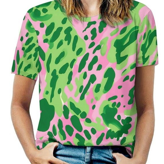 Leopard Print Pattern Women's Short Sleeve T-Shirt Crew Neck Casual Summer Trendy Loose Fit Tops