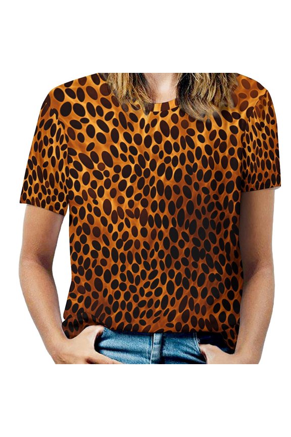 Leopard Print Pattern Women's Short Sleeve T-Shirt Crew Neck Casual Summer Trendy Loose Fit Tops