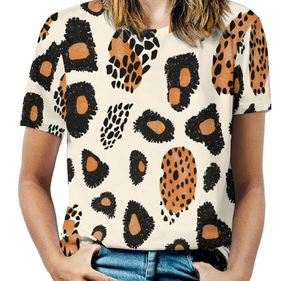 Leopard Print Pattern Women's Short Sleeve T-Shirt Crew Neck Casual Summer Trendy Loose Fit Tops