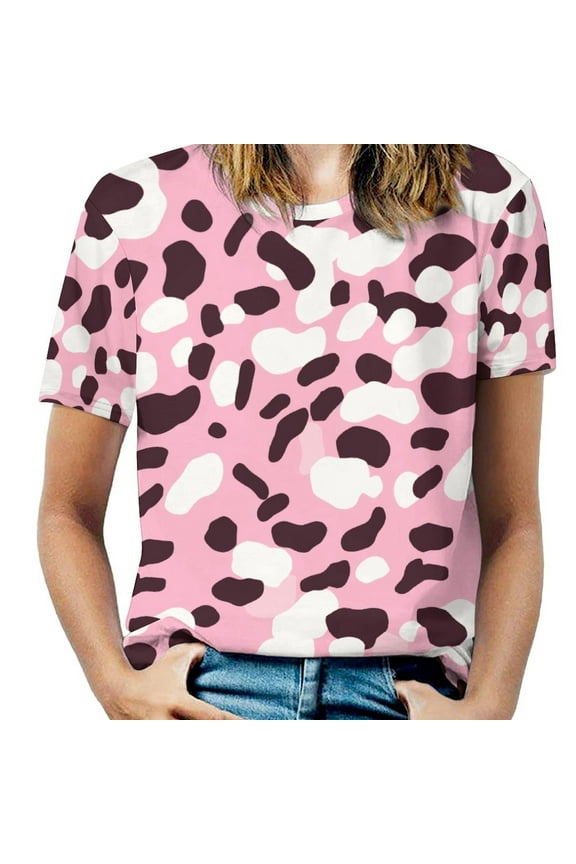 Leopard Print Pattern Women's Short Sleeve T-Shirt Crew Neck Casual Summer Trendy Loose Fit Tops