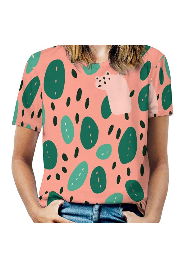 Leopard Print Pattern Women's Short Sleeve T-Shirt Crew Neck Casual Summer Trendy Loose Fit Tops
