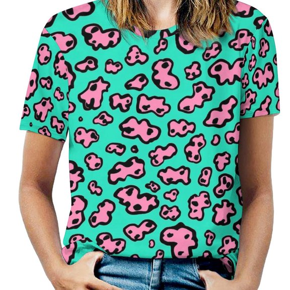 Leopard Print Pattern Women's Short Sleeve T-Shirt Crew Neck Casual Summer Trendy Loose Fit Tops