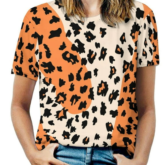 Leopard Print Pattern Womens Tops Women's Fashion Casual Short Sleeve Flower Print Round Neck Pullover Top Blouse