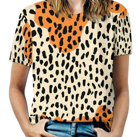 Leopard Print Pattern Womens Tops Women's Fashion Casual Short Sleeve Flower Print Round Neck Pullover Top Blouse