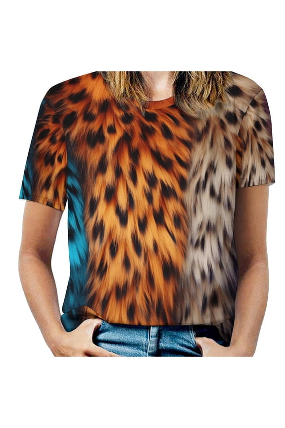 Leopard Print Pattern Womens Tops Women's Fashion Casual Short Sleeve Flower Print Round Neck Pullover Top Blouse