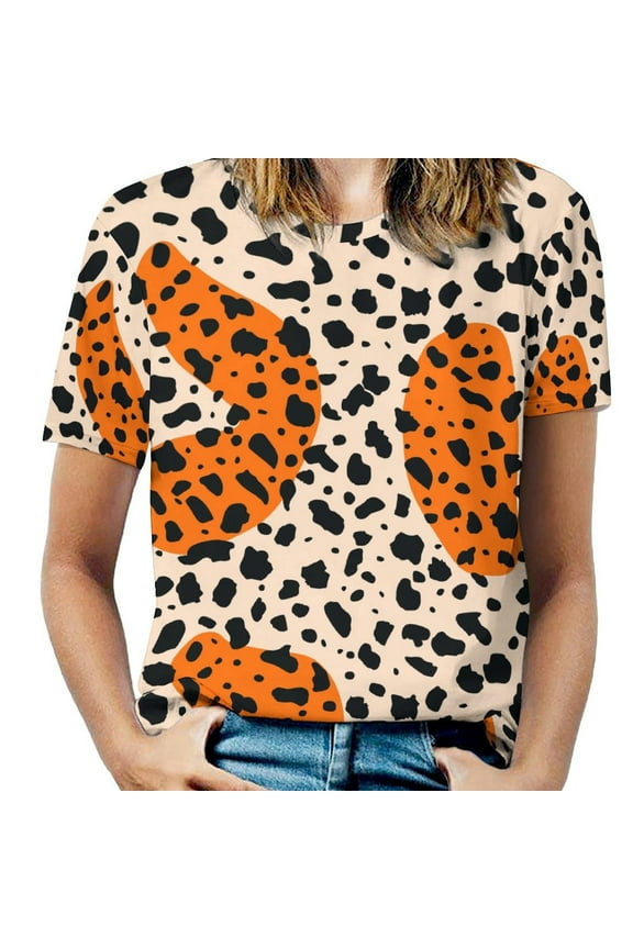 Leopard Print Pattern Womens Tops Women's Fashion Casual Short Sleeve Flower Print Round Neck Pullover Top Blouse