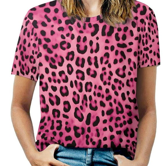 Leopard Print Pattern Womens Tops Women's Fashion Casual Short Sleeve Flower Print Round Neck Pullover Top Blouse