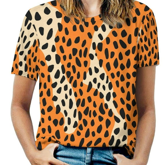 Leopard Print Pattern Womens Tops Women's Fashion Casual Short Sleeve Flower Print Round Neck Pullover Top Blouse