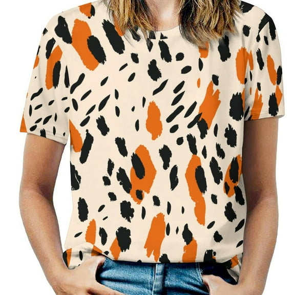 Leopard Print Pattern Womens Tops Women's Fashion Casual Short Sleeve Flower Print Round Neck Pullover Top Blouse