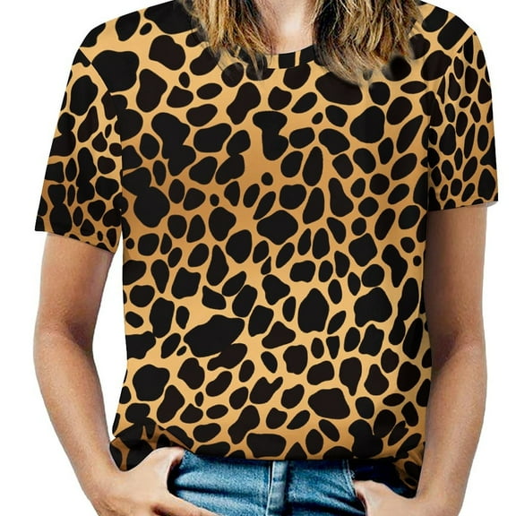 Leopard Print Pattern Womens Tops Women's Fashion Casual Short Sleeve Flower Print Round Neck Pullover Top Blouse