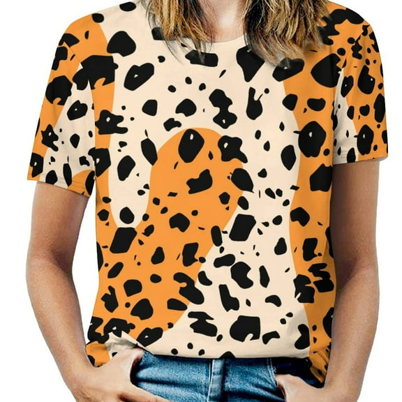Leopard Print Pattern Womens Tops Women's Fashion Casual Short Sleeve Flower Print Round Neck Pullover Top Blouse