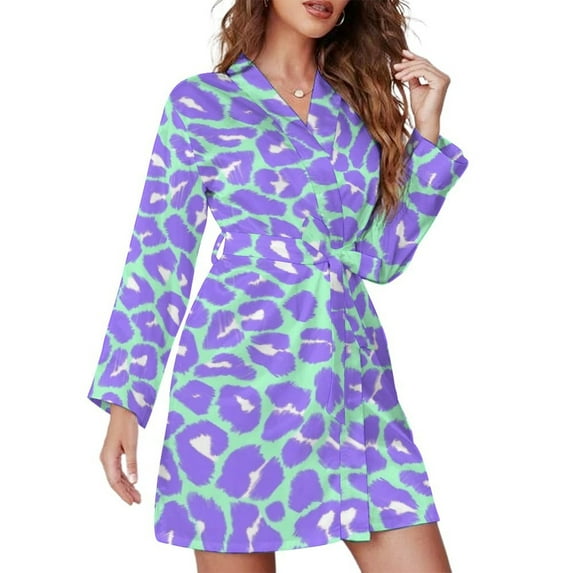 Leopard Print Pattern in Mint Green, Purple And White Night Robe Long Sleeve V Neck Robe With Belt Women's Sleepwear Dresses