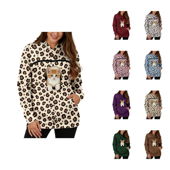 Leopard Print Pet Pouch Hoodie Women Fall Winter Long Sleeve Cat Hoodie with Pouch Pullover Tops Dog Cat Carrier Hoodies
