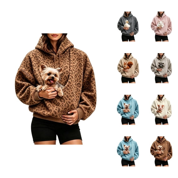 Leopard Print Pet Pouch Hoodie for Women Long Sleeve Oversized Hooded Sweatshirt for Small Pets Dog Cat Carrier Hoodie