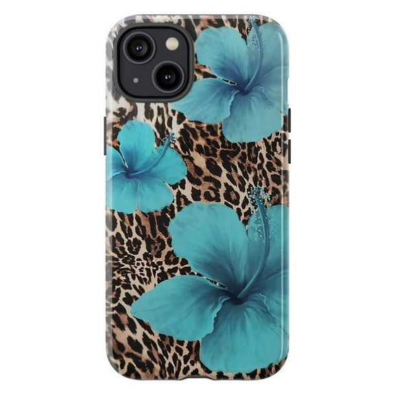 Leopard Print Phone Case with Vibrant Blue Hibiscus Flowers, Stylish Animal Print iPhone Cover for 16 15 14 13 12 11 Pro Max Mini Plus