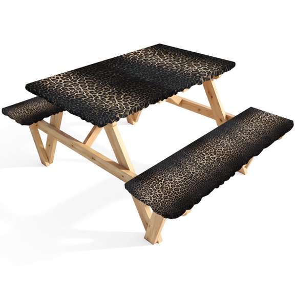 Leopard Print Picnic Table Cover with Bench Covers Dot Gradient Texture Waterproof Fitted Picnic Tablecloth 3 Pieces Set Table Cloth for Outdoor Camping Garden BBQ