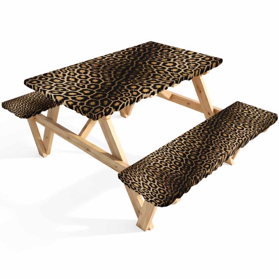 Leopard Print Picnic Table Cover with Bench Covers Gradient Texture Dot Waterproof Fitted Picnic Tablecloth 3 Pieces Set Table Cloth for Outdoor Camping Garden BBQ