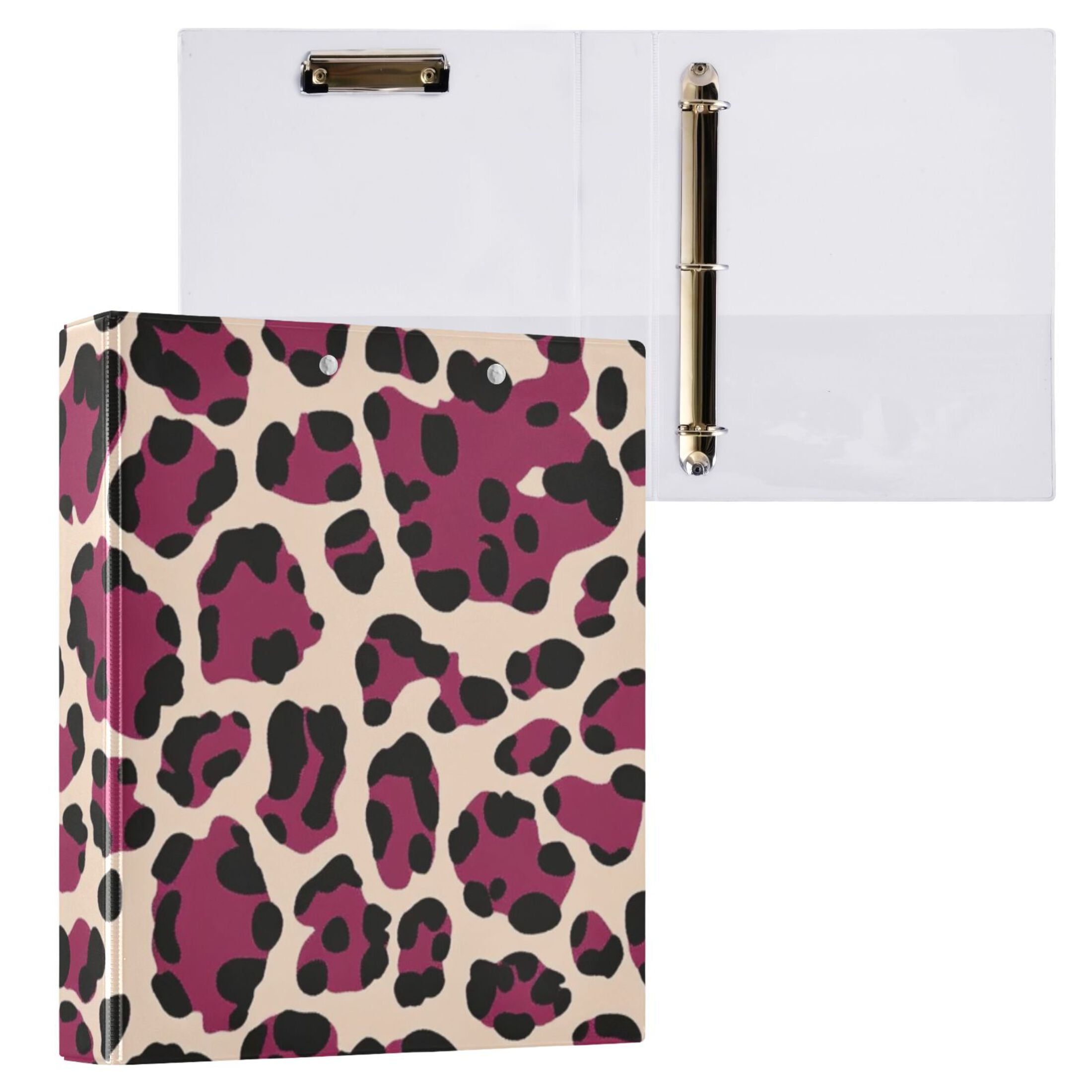 Leopard Print Pink 3 Ring Binders 1.5 inch Hardcover File Folders with Interior Pockets A4 Size Organizer for School Office Hospital