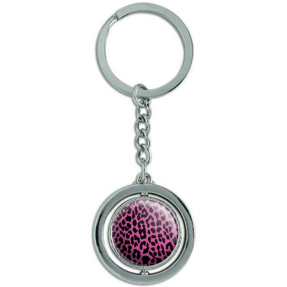 Leopard Print Pink And Black Spinning Round Metal Key Chain Keychain Ring