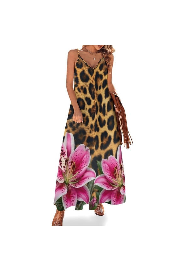 Leopard Print Pink Lilies Bloom Wild Sleeveless Dress Women's Evening Dress Womans Clothing