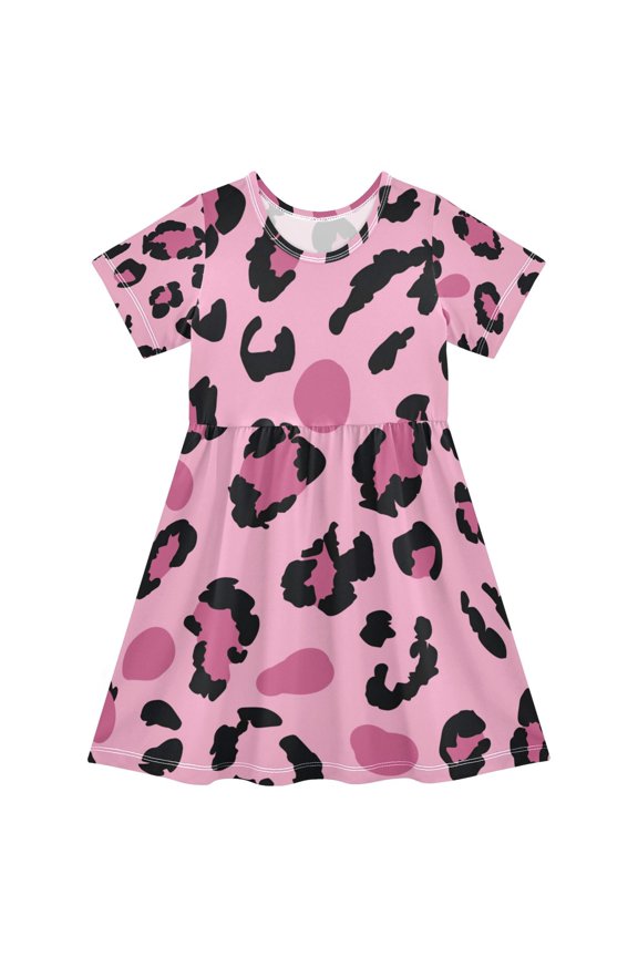 Leopard Print Pink Pattern Girls Short Sleeve Dress A Line Sun Protection Breathable Comfort Sundress 2T