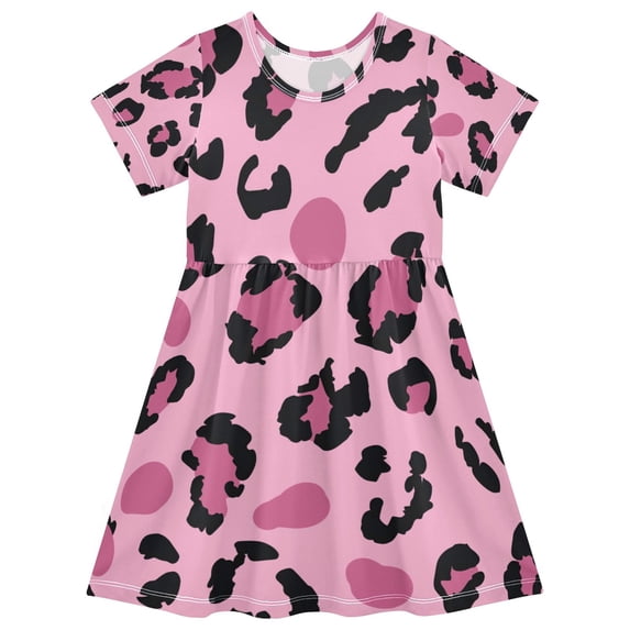 Leopard Print Pink Pattern Girls Short Sleeve Dress A Line Sun Protection Breathable Comfort Sundress 3T