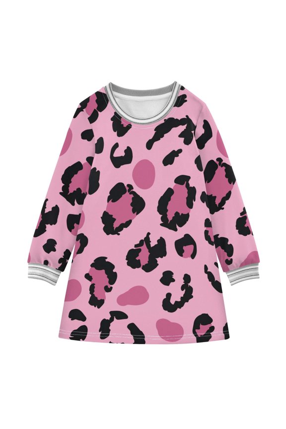 Leopard Print Pink Pattern Girls'long-sleeved dress Thickened A-dress Warm Dress Basic Shirt Party Dresses