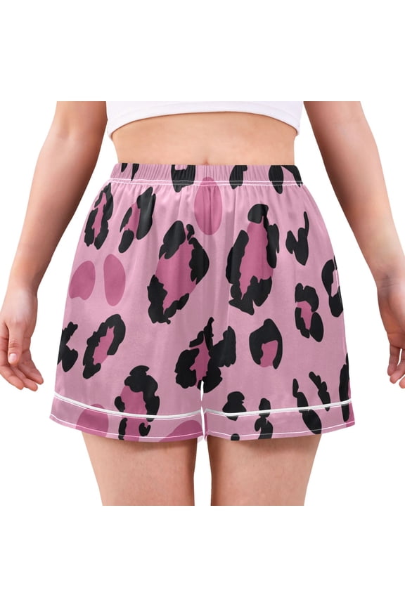 Leopard Print Pink Pattern Women's Pajama Shorts Silky Satin Casual Lounge Sleep Zero Pressure