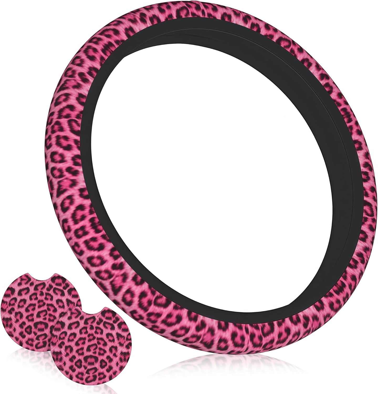 Leopard Print Pink Steering Wheel Cover Universal for 14-15 Inch Anti-Slip Breathable +2 Pieces Car Coasters, Cheetah Print hot Pink Car Wheel Cover for Women Men