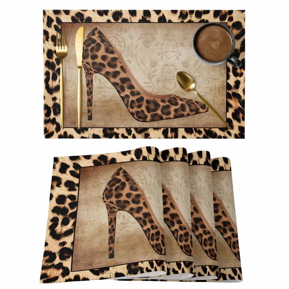 Leopard Print Placemats Set of 4 Vintage Rustic High Heels Animal Texture Place Mats Indoor Wipeable Table Mats Washable Cloth Dining Table Placemats for Kitchen Holiday Party Home Decor 13x19 Inch