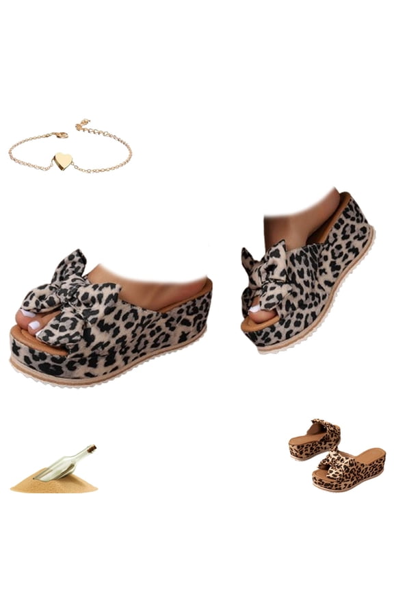 Leopard Print Platform Sandals, Women's Slip on Bow Knot Wedge Slippers Dressy, Summer Comfortable Thick Sole Open Toe Beach Shoes