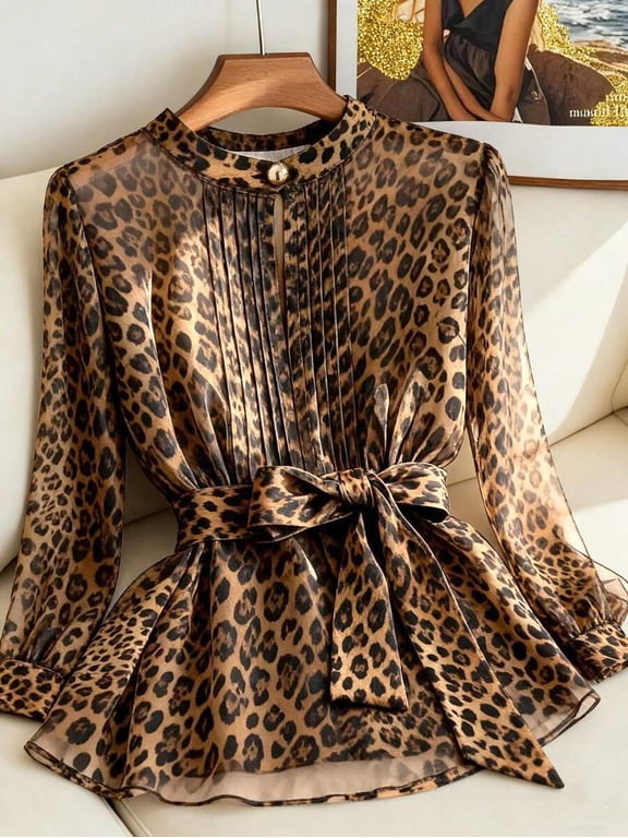 Leopard Print Pleated Blouse with Bow Tie Waist and Long Sleeves