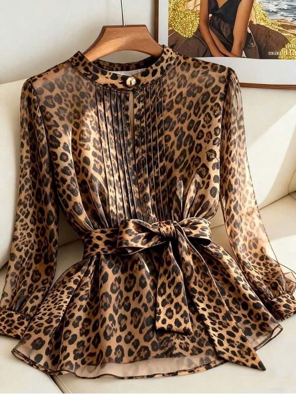 Leopard Print Pleated Blouse with Bow Tie Waist and Long Sleeves