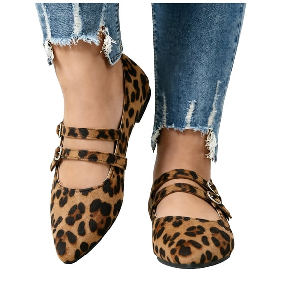 Leopard Print Pointed Toe Ballet Flats for Women Stylish Double Buckle Strap Mary Jane Shoes Lightweight Suede Loafers Brown Size 9
