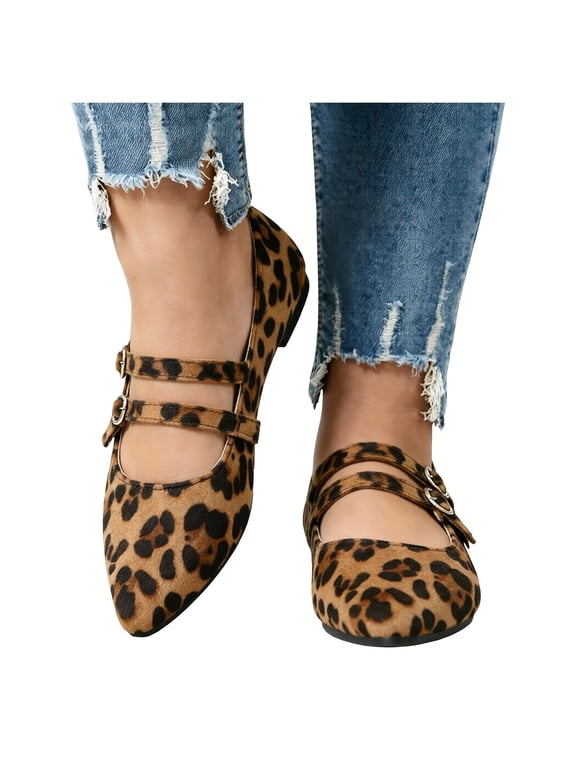 Leopard Print Pointed Toe Ballet Flats for Women Stylish Double Buckle Strap Mary Jane Shoes Lightweight Suede Loafers Brown Size 9