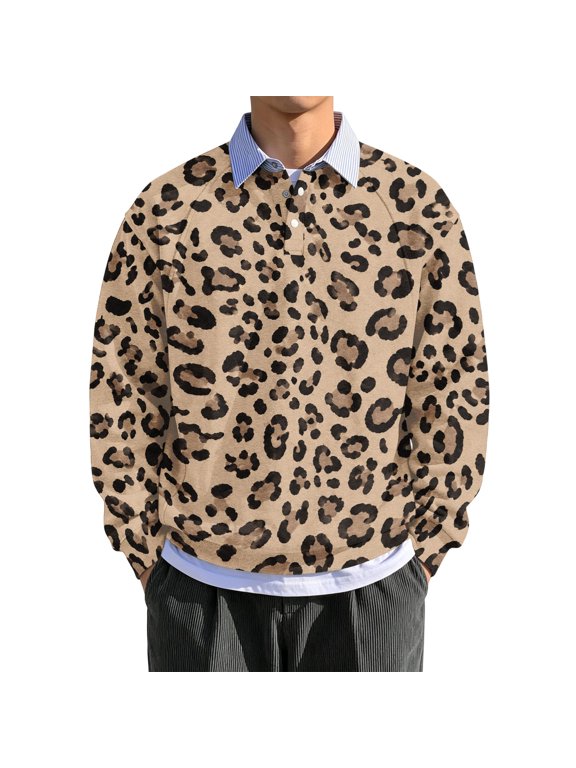 Leopard Print Polo Shirt for Men Long Sleeve Turn Down Collar Knit Top Autumn Casual Streetwear Animal Design Pullover