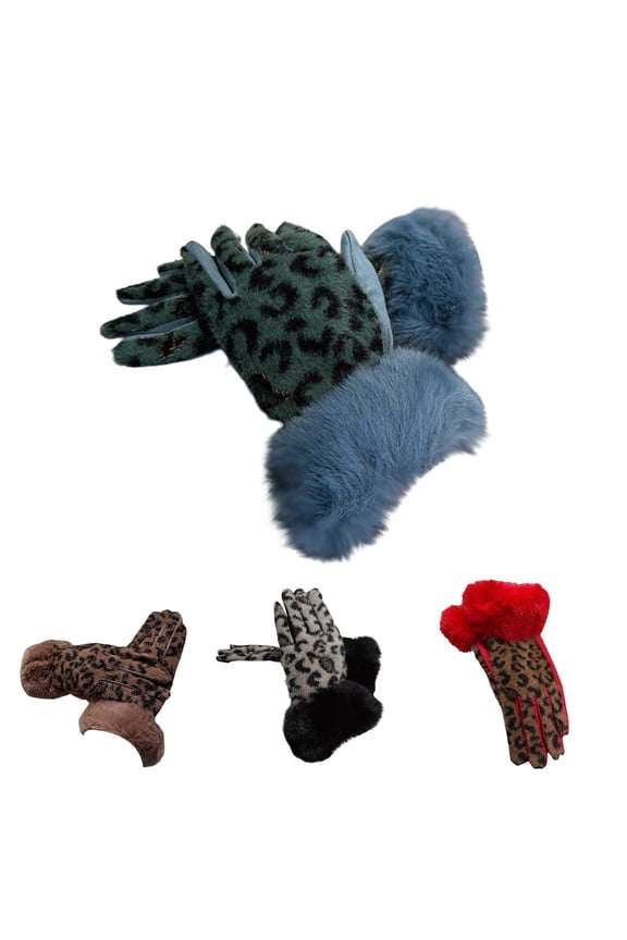 Leopard Print Polyester Gloves With Faux Cuff Detail