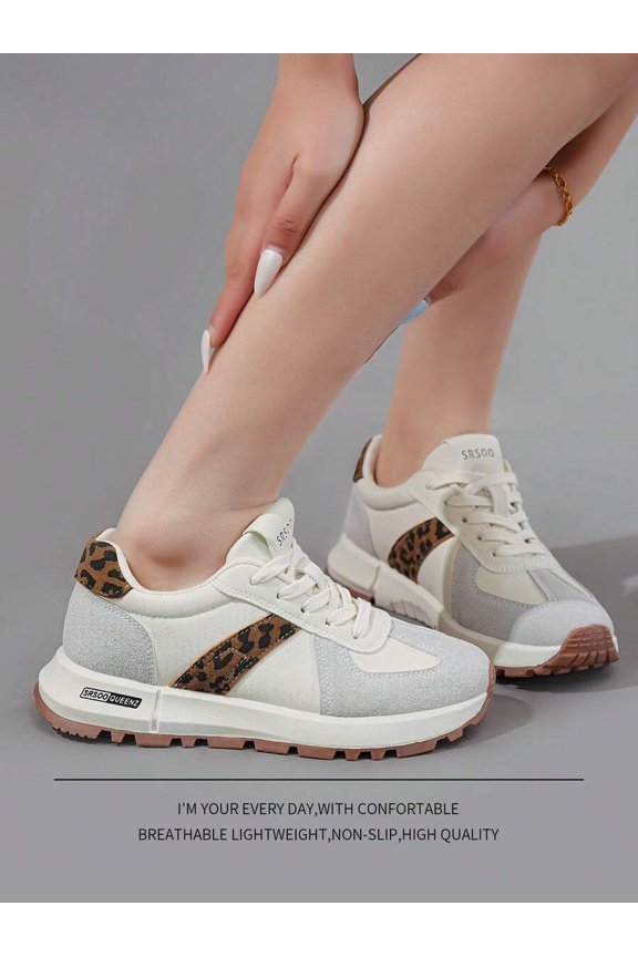 Leopard Print Preppy Style PU Leather Criss-Cross Round Toe Sneakers For Outdoor, Office, Gym, Party, Holiday, School, Wedding, Casual & Versatile, Size 36-42, Women