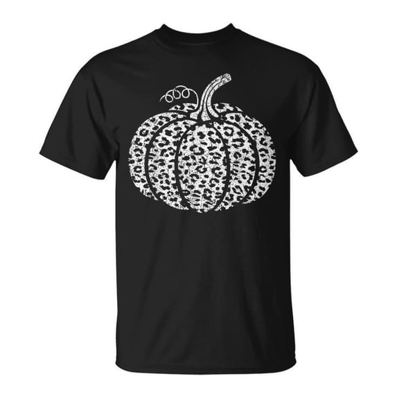 Leopard Print Pumpkin Fall Graphic Trendy Autumn Women's T-Shirt - Cute Spooky Season Animal Print Apparel for Thanksgiving & Halloween