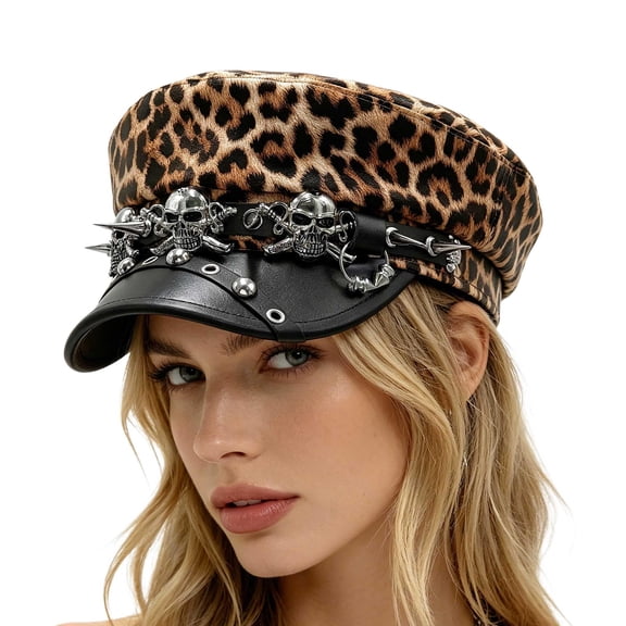 Leopard Print Punk Newsboy Hat For Women, Gothic Skull Studded Cadet Cap, Retro Y2K Baker Boy Hat Flat Top Military Style Hat For Street Fashion Music Festival Party