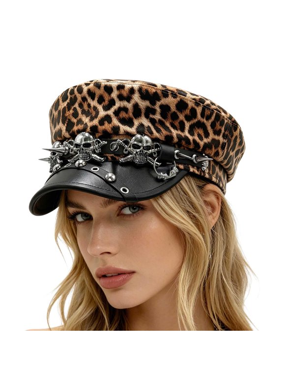 Leopard Print Punk Newsboy Hat For Women, Gothic Skull Studded Cadet Cap, Retro Y2K Baker Boy Hat Flat Top Military Style Hat For Street Fashion Music Festival Party