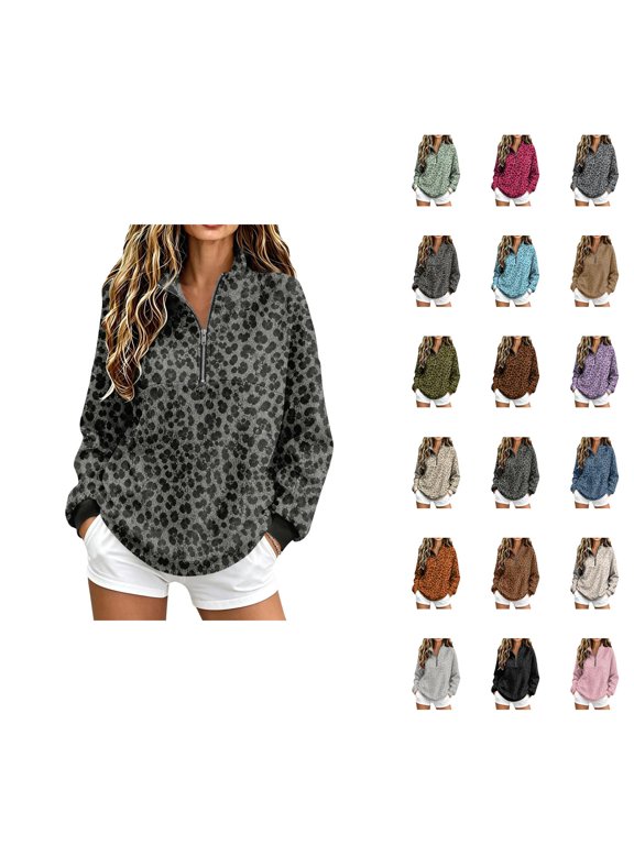 Leopard Print Quarter Zip Pullover Women Fall Trendy Casual Long Sleeve Lightweight Y2k Collared Sweatshirt Pullover Tops