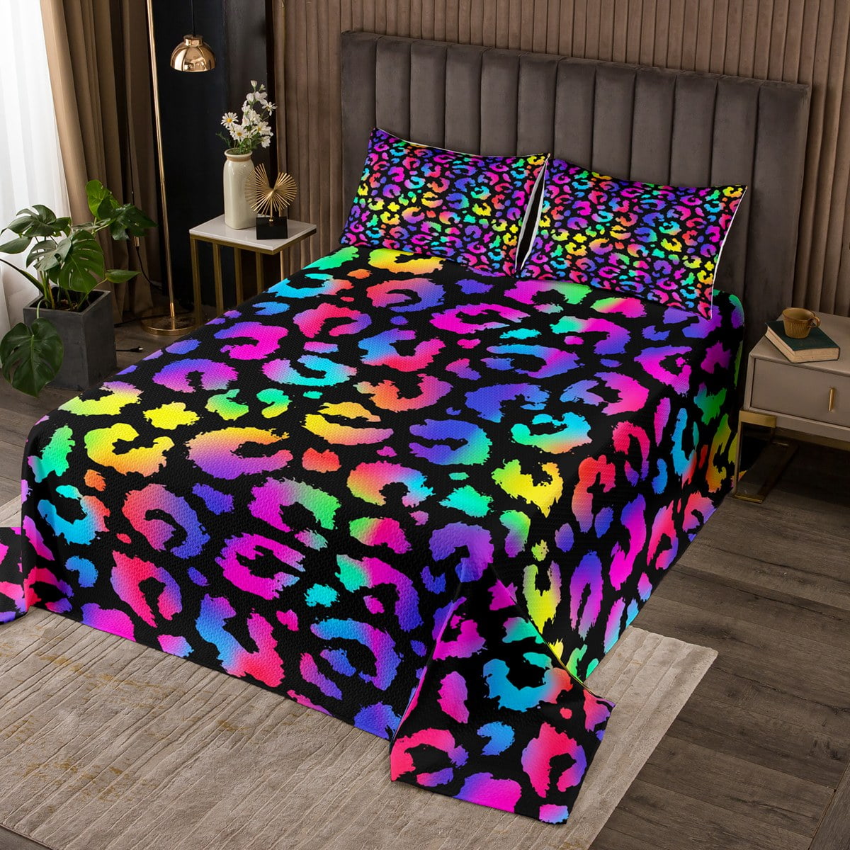 Leopard Print Quilt Set Rainbow Neon Cheetah Print Bedspread Set King for Girls Women Wild