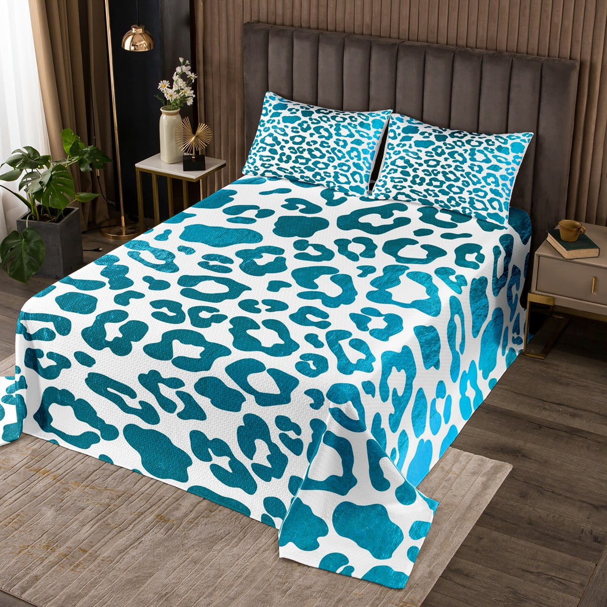Leopard Print Quilt Set Sky Blue Cheetah Print Bedspread Set Twin for